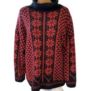 VTG 90s Michel Women S-L Fair Isle Agyle Knit Sweater Pullover RedBlack Holiday